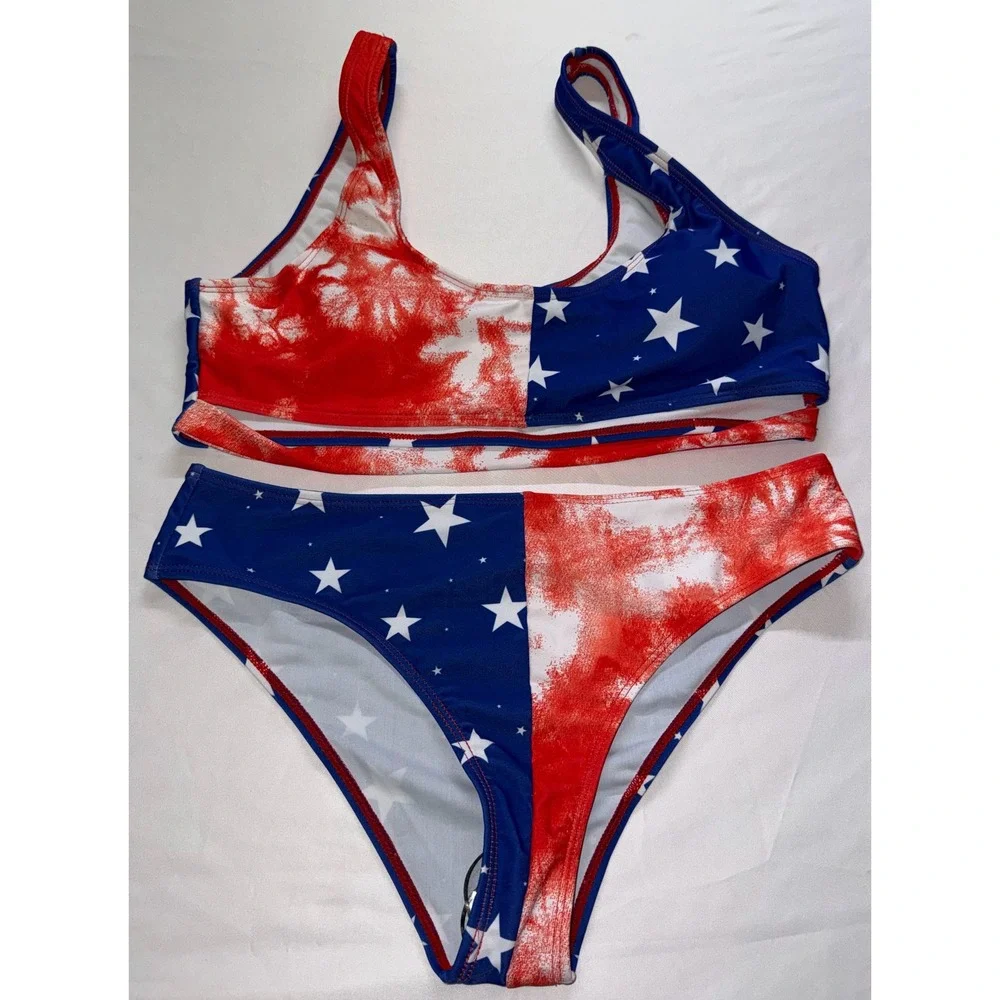 SHEIN Bikini Set Women XL Red White Blue Stars Tie Dye Patriotic Swimsuit NEW